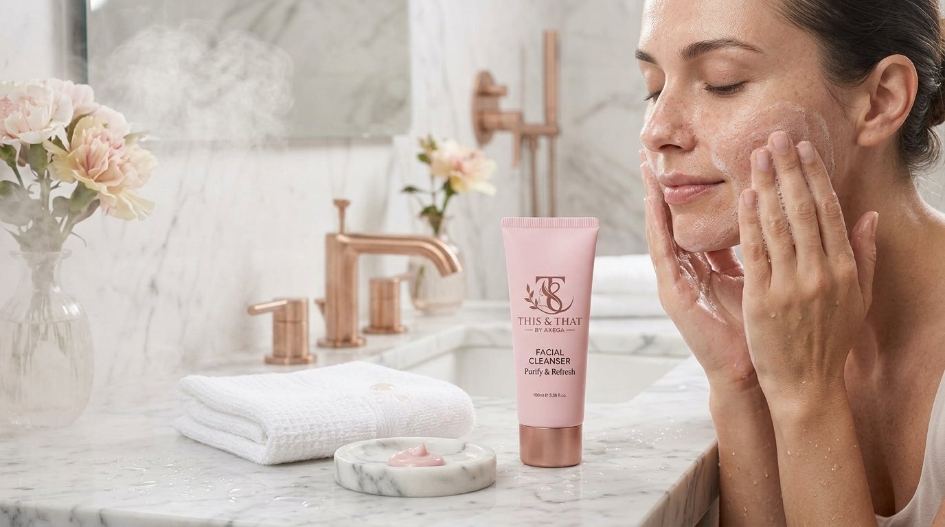 A woman massaging This & That Facial Cleanser into her face at a marble basin